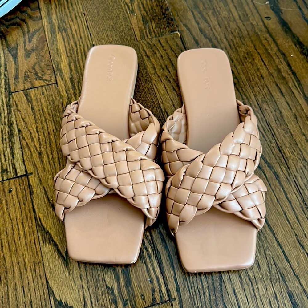 Open Edit Slide Flat Tan Sandals Size 10